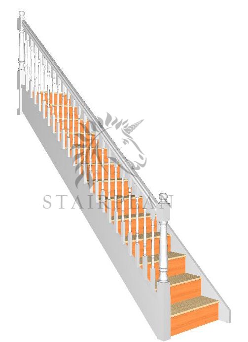 Pine striaght flaight of stairs with handail pre prime strings and turned parts spindles newel post