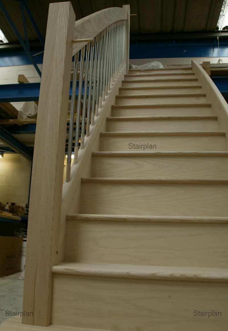 Ash straight staircase enhanced curve to handrail