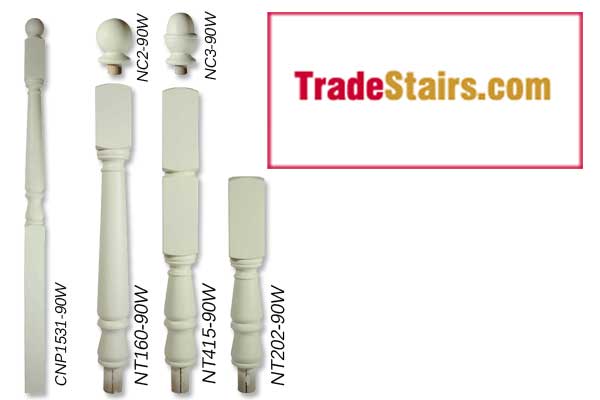 White primed stair parts turned newel posts