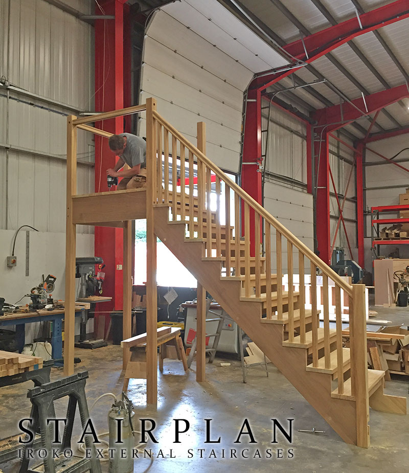 hardwood exterior staircase in the workshop for pre fitting assembly