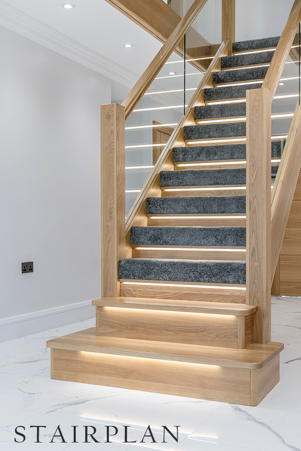 Manhattan oak staircase handrail both sides led riser lights