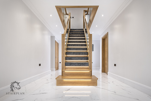 Central feature staircase Manhattan white oak with LED lights