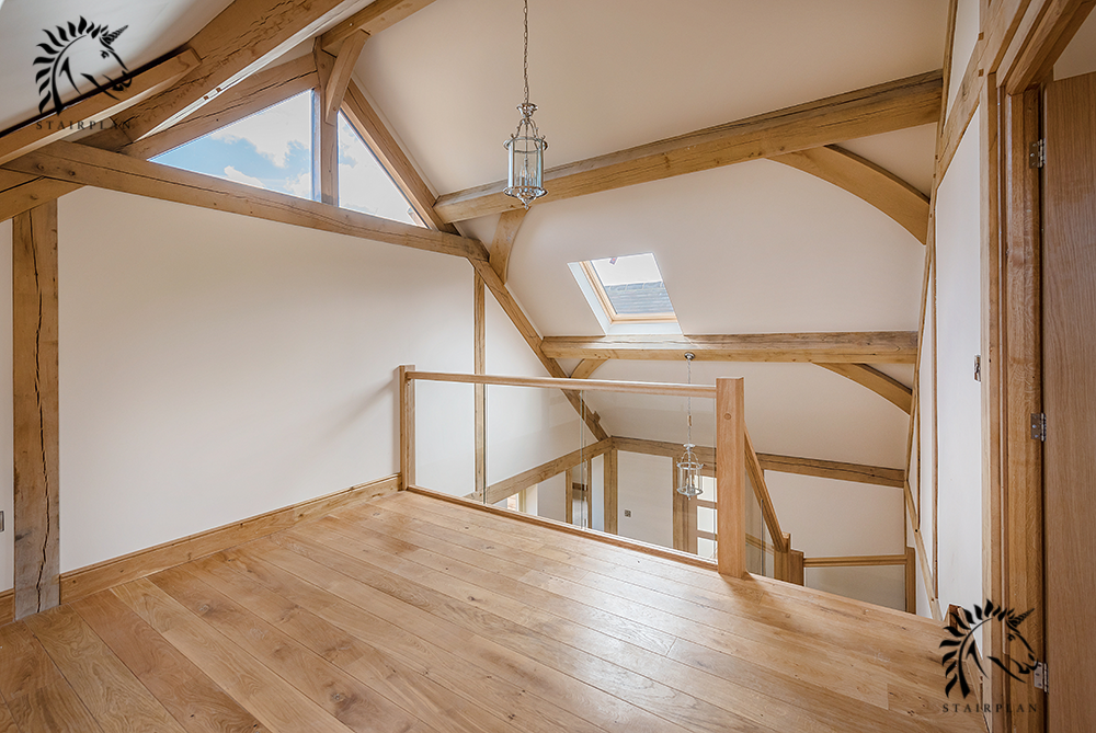 oak and glass premium landing banister railing