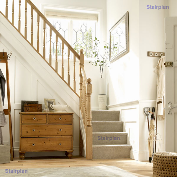 Pine Staircase with painted strings and Oak Stairparts colonial turned spindles and tulip newel posts