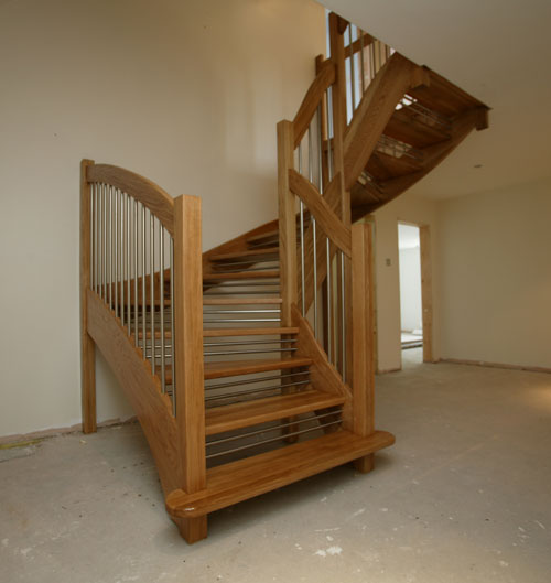 Oak Openplan Staircase European style handrail stainless stell riser bars and balusters