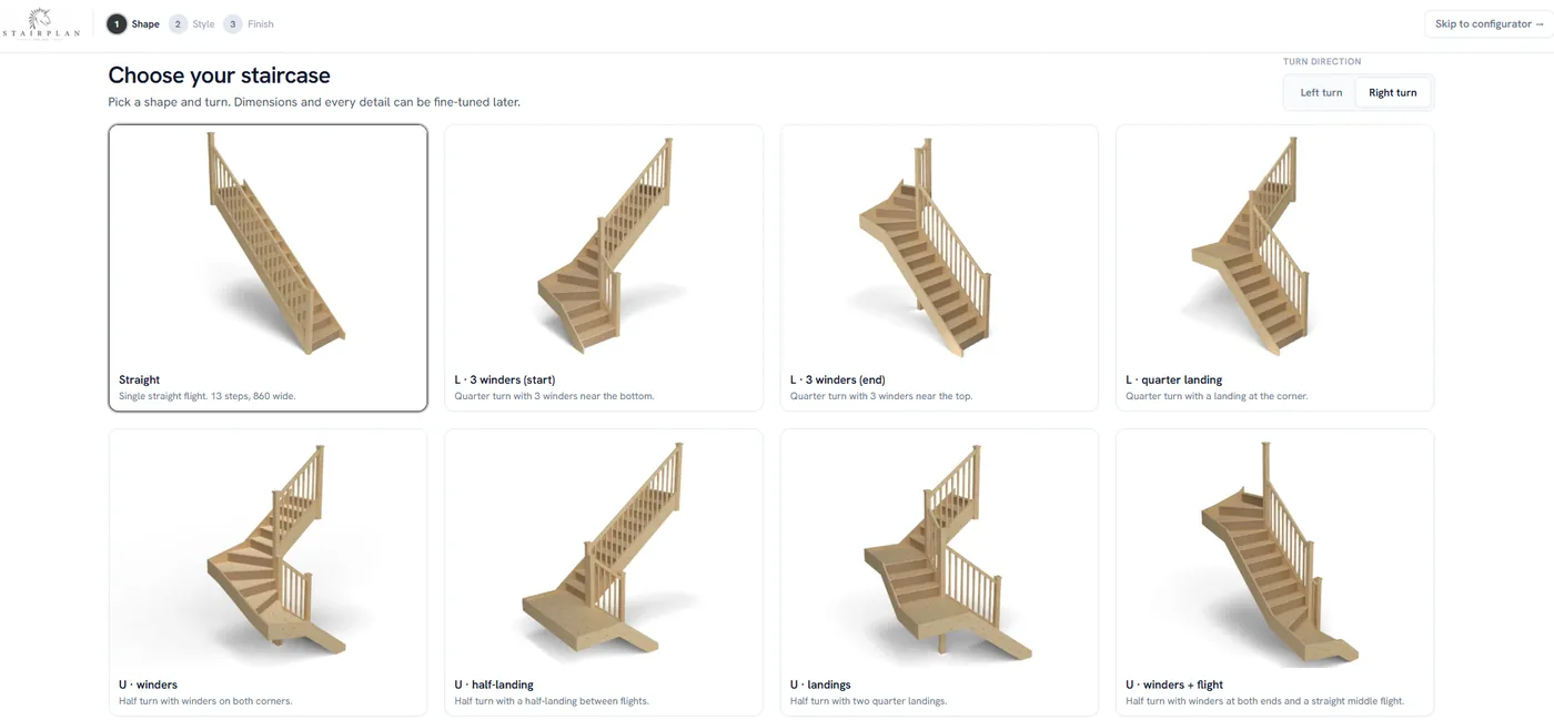 Stairplan online staircase configurator showing straight, L-shaped and U-shaped staircase layout options