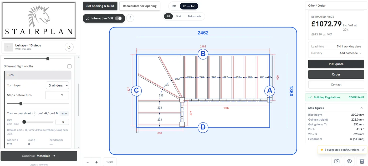 2D staircase plan showing dimensions in the Stairplan online staircase configurator