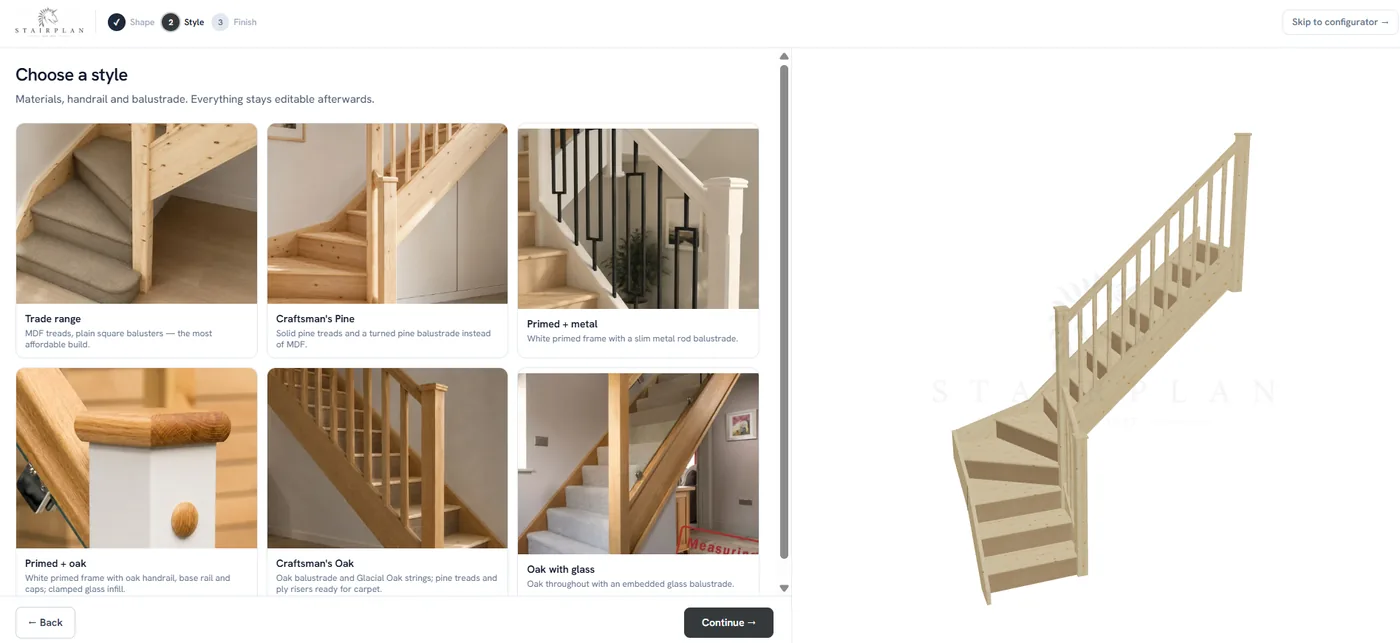 Stairplan staircase designer showing trade, pine, primed, oak, metal and glass staircase style options