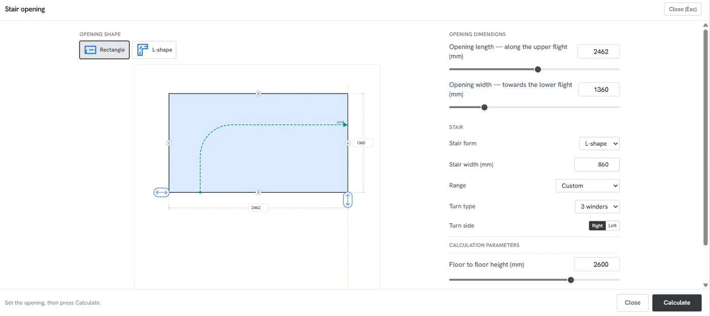 Staircase opening dimensions being entered into the Stairplan online staircase configurator