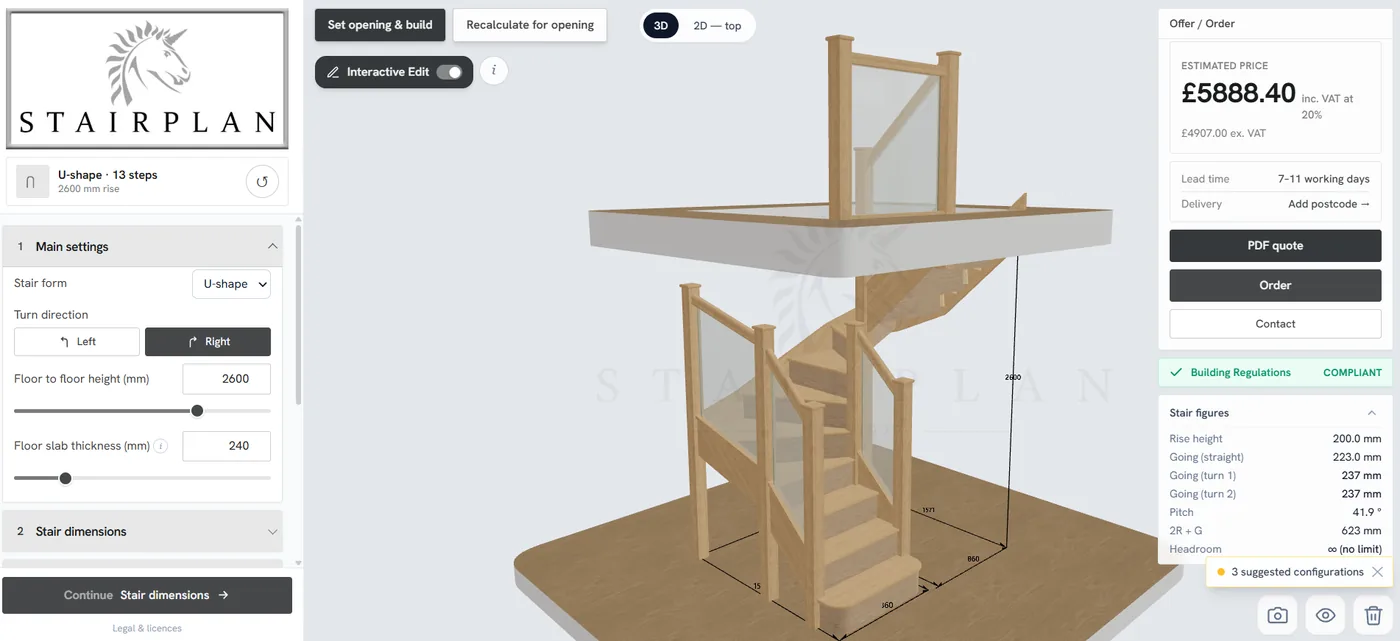 U-shaped oak and glass staircase shown in the Stairplan 3D online staircase configurator
