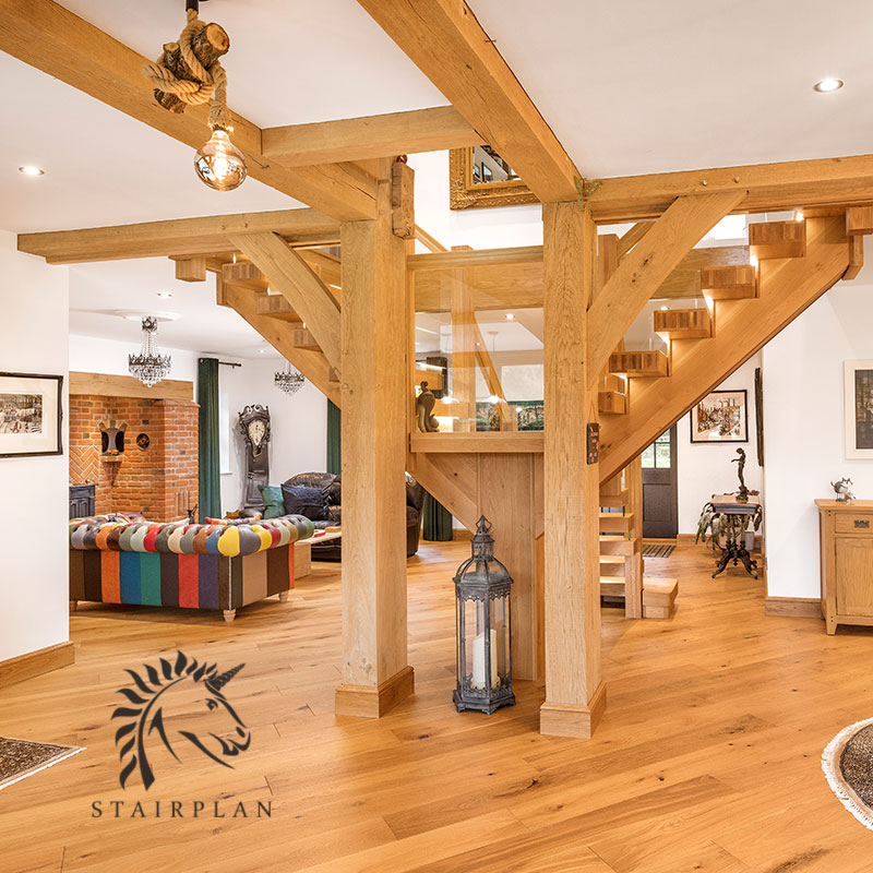 Chunky contemporary european white oak staircase treads with LED lights