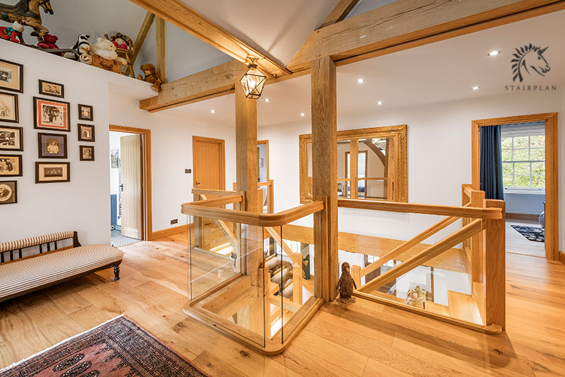 Oak and Glass landing balustrades
