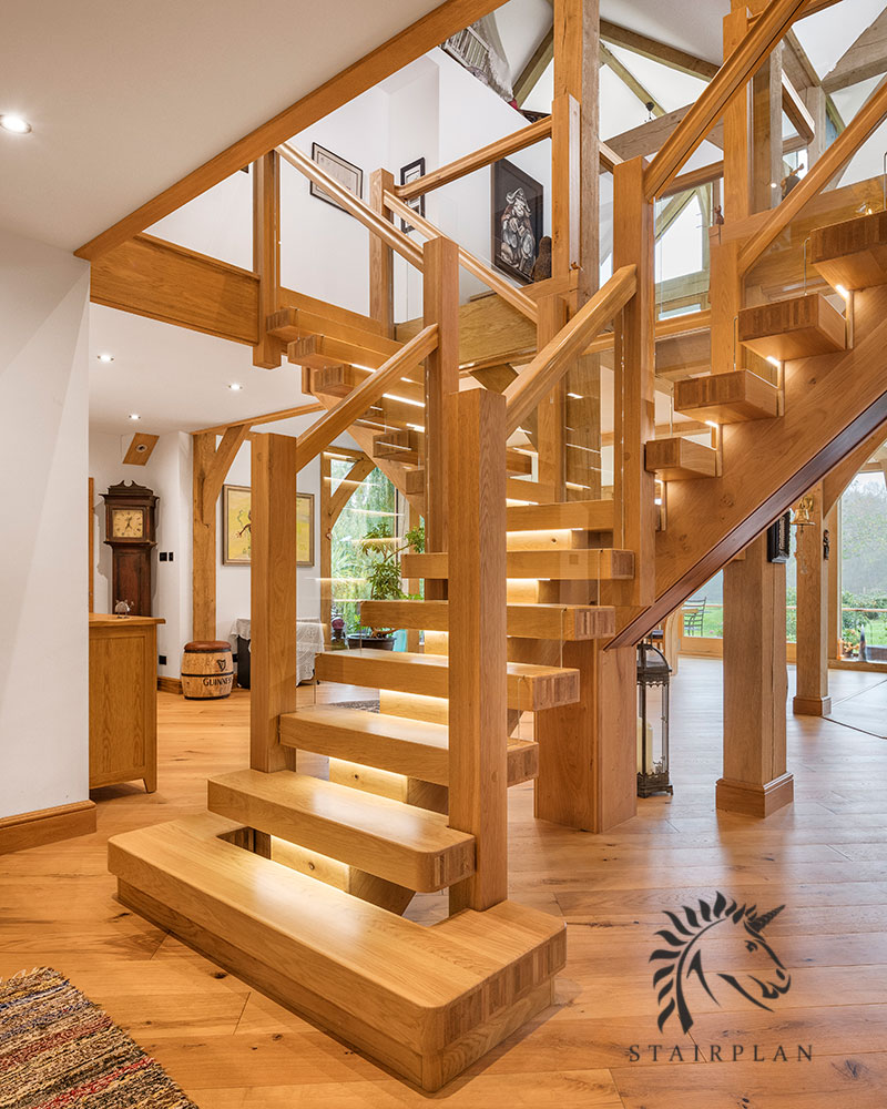 X-Vision premium Oak staircases with glass and inset led lights