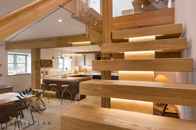 Chunky contemporary european oak staircase treads with LED lights