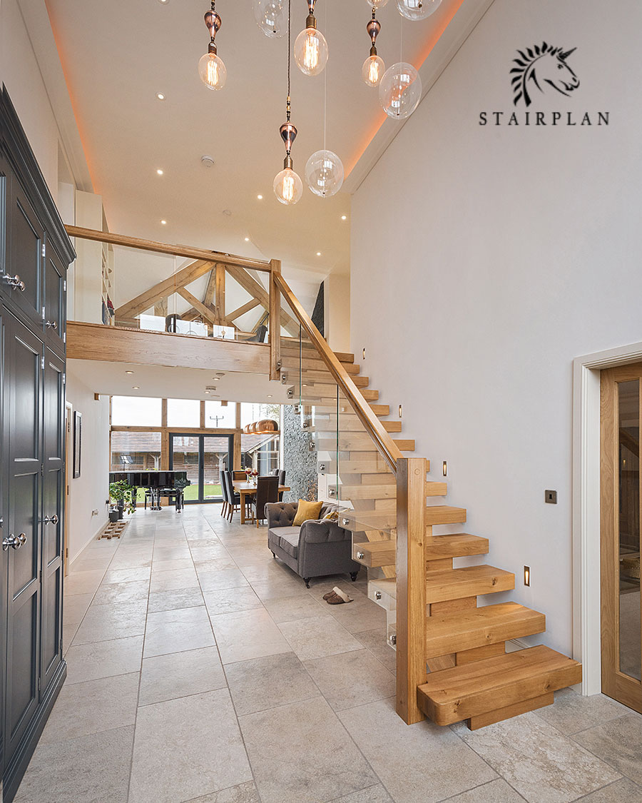 Oak straight x-vision staircase with glass